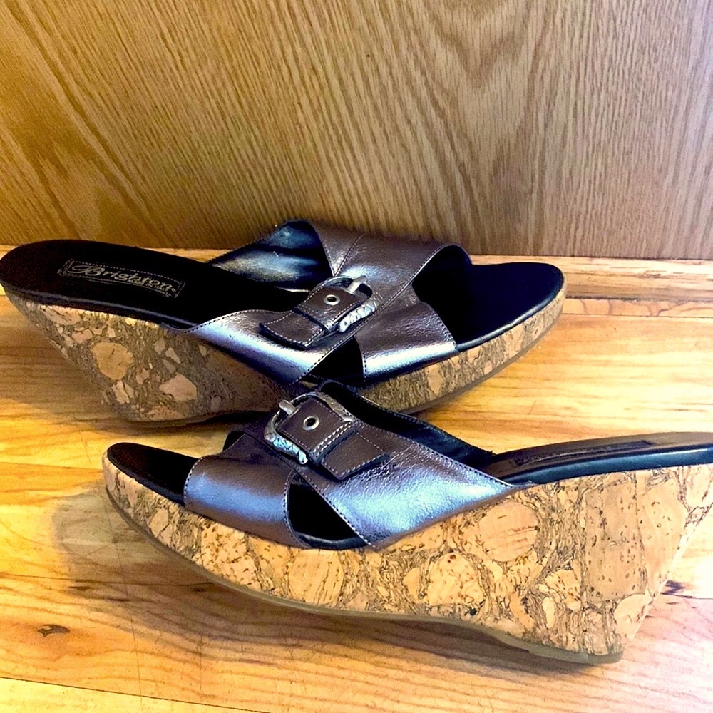 Brighton Italy metallic pewter leather horsebit buckle cork wedge slide sandals